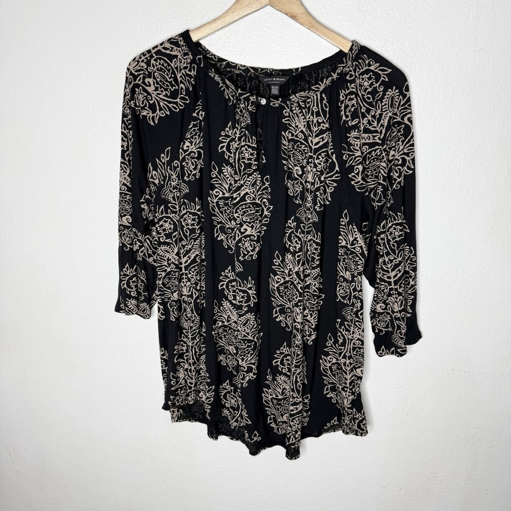 Lucky Brand Black Beige 3/4 Sleeve Tunic Top Keyhole Opening Women's 3X